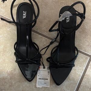 Zara Glossy Black Strappy Heels